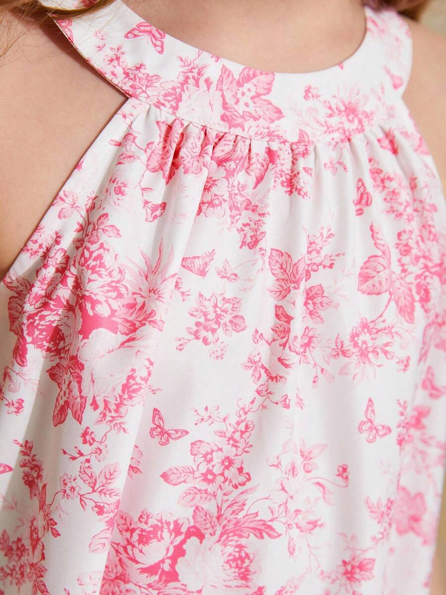 Baby pink floral halter midi dress for tween girls featuring a boho A-line silhouette with ruffle and shirred details.