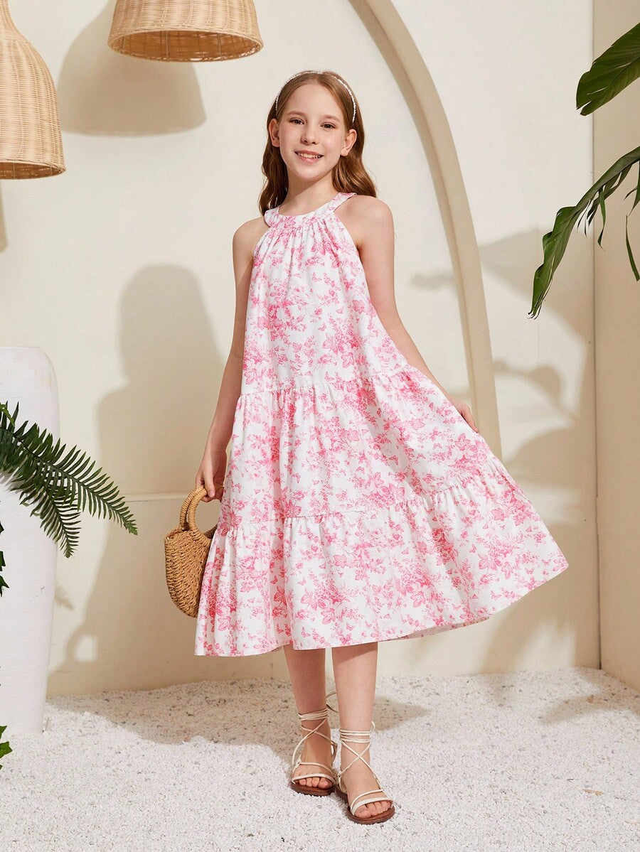 Baby pink floral halter midi dress for tween girls featuring a boho A-line silhouette with ruffle and shirred details.