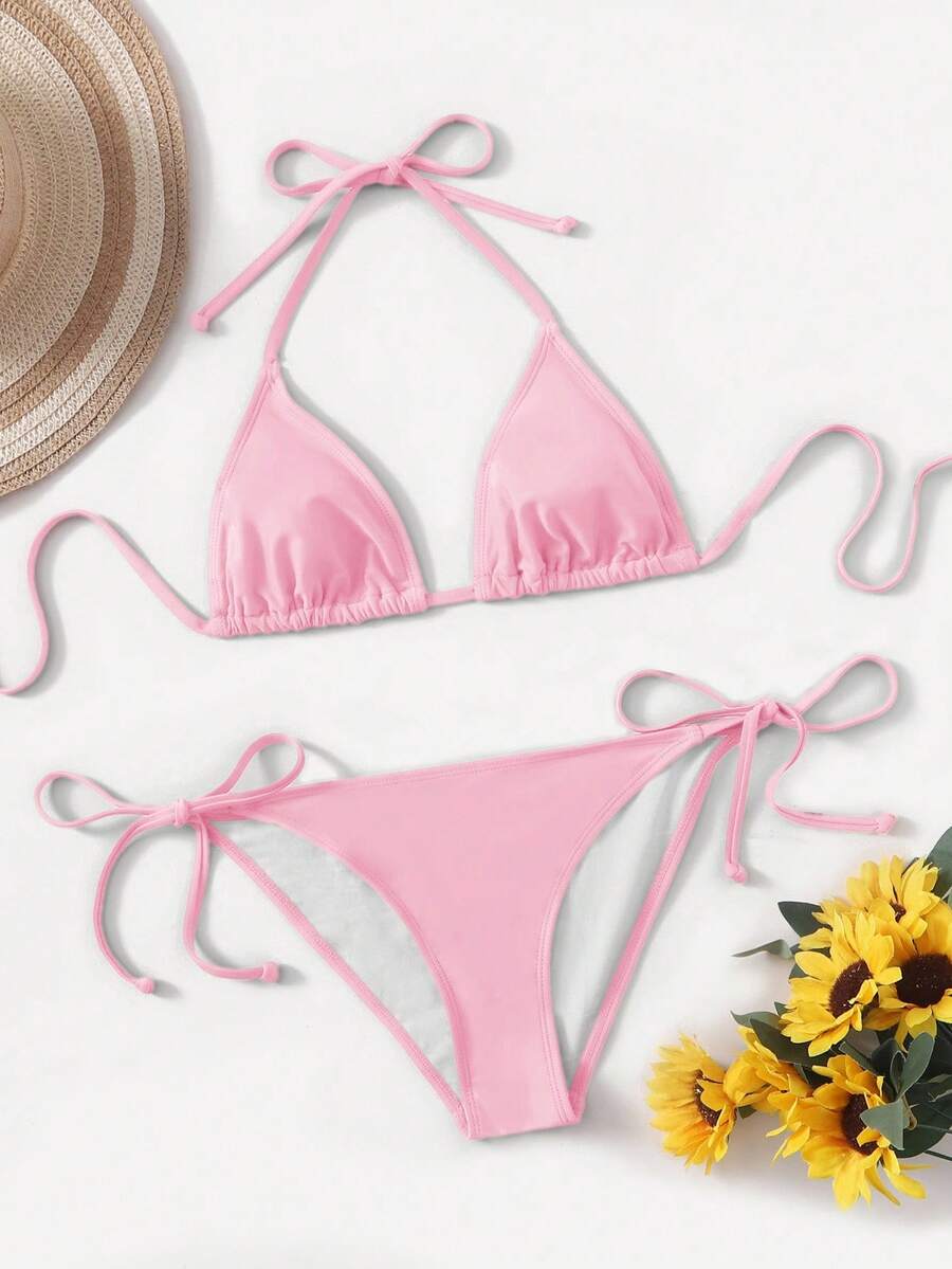 Women's high waist halter tie bikini swimwear set featuring triangle cups, wireless bra with removable padding, and tie side bottoms.