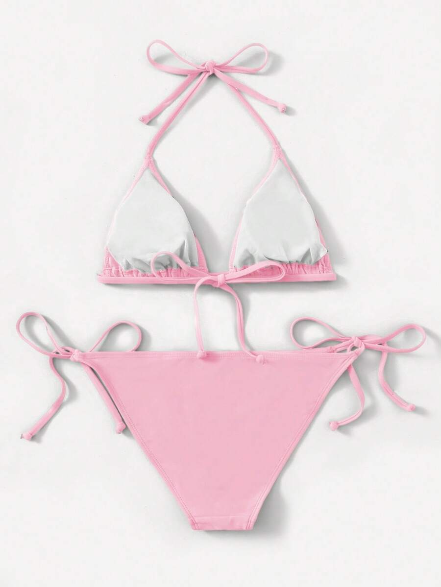 Women's high waist halter tie bikini swimwear set featuring triangle cups, wireless bra with removable padding, and tie side bottoms.
