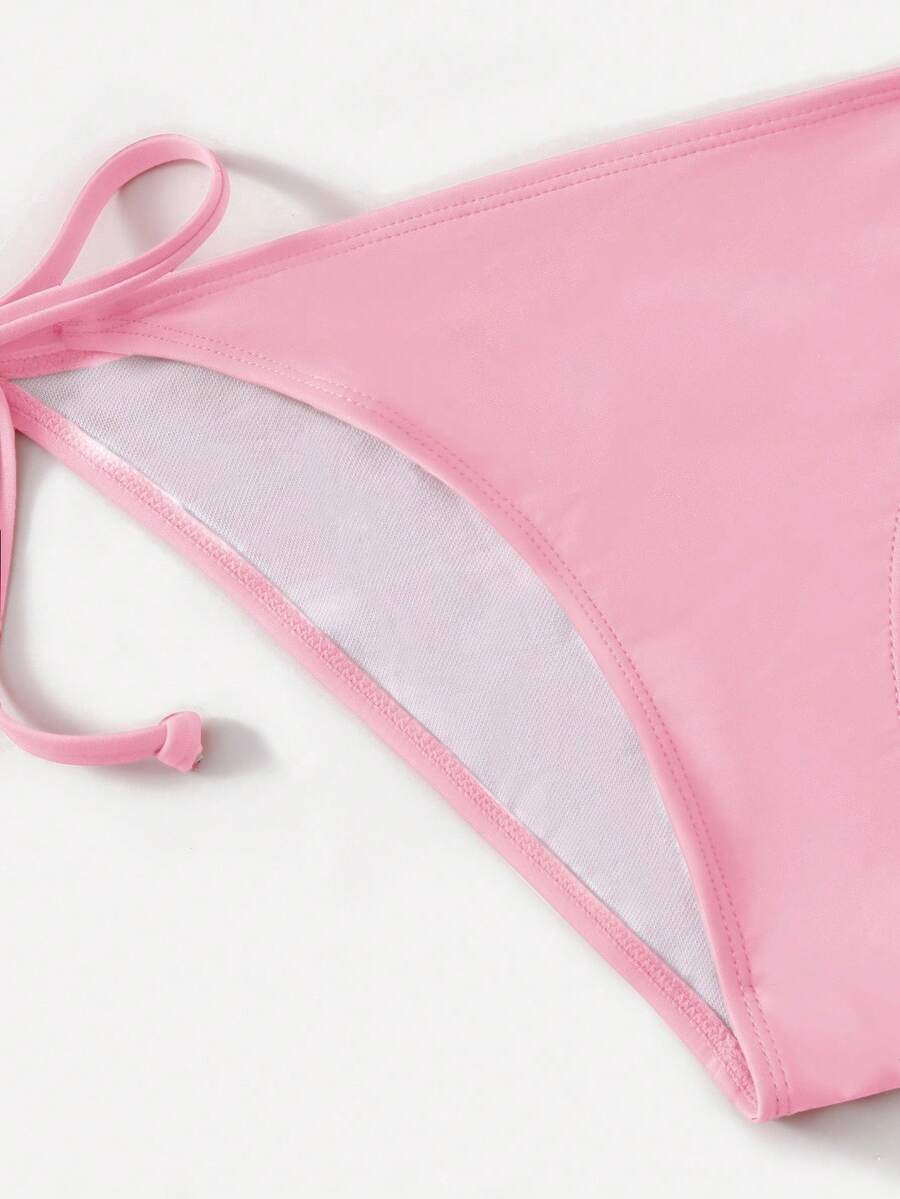 Women's high waist halter tie bikini swimwear set featuring triangle cups, wireless bra with removable padding, and tie side bottoms.