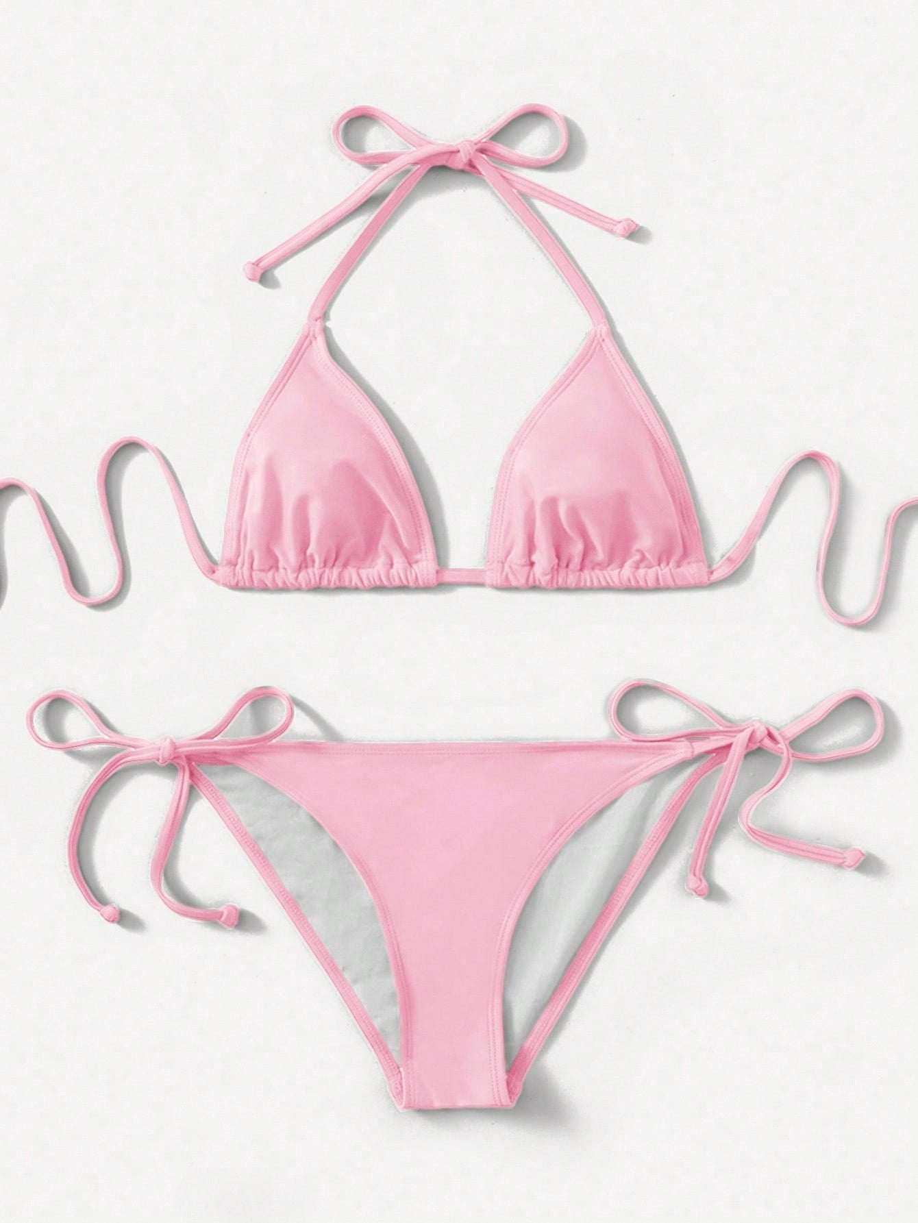 Women's high waist halter tie bikini swimwear set featuring triangle cups, wireless bra with removable padding, and tie side bottoms.