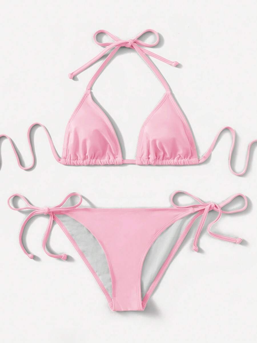 Women's high waist halter tie bikini swimwear set featuring triangle cups, wireless bra with removable padding, and tie side bottoms.