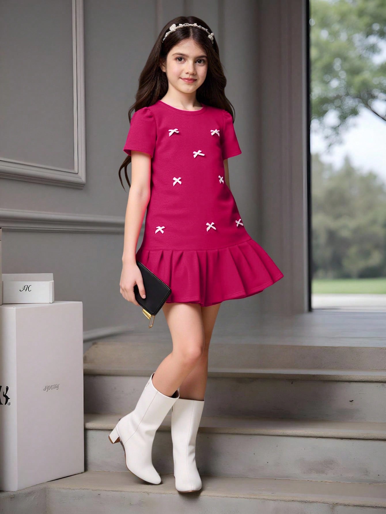 Tween girls apricot short-sleeve pleated smock dress with 3D bow decor and round neckline.