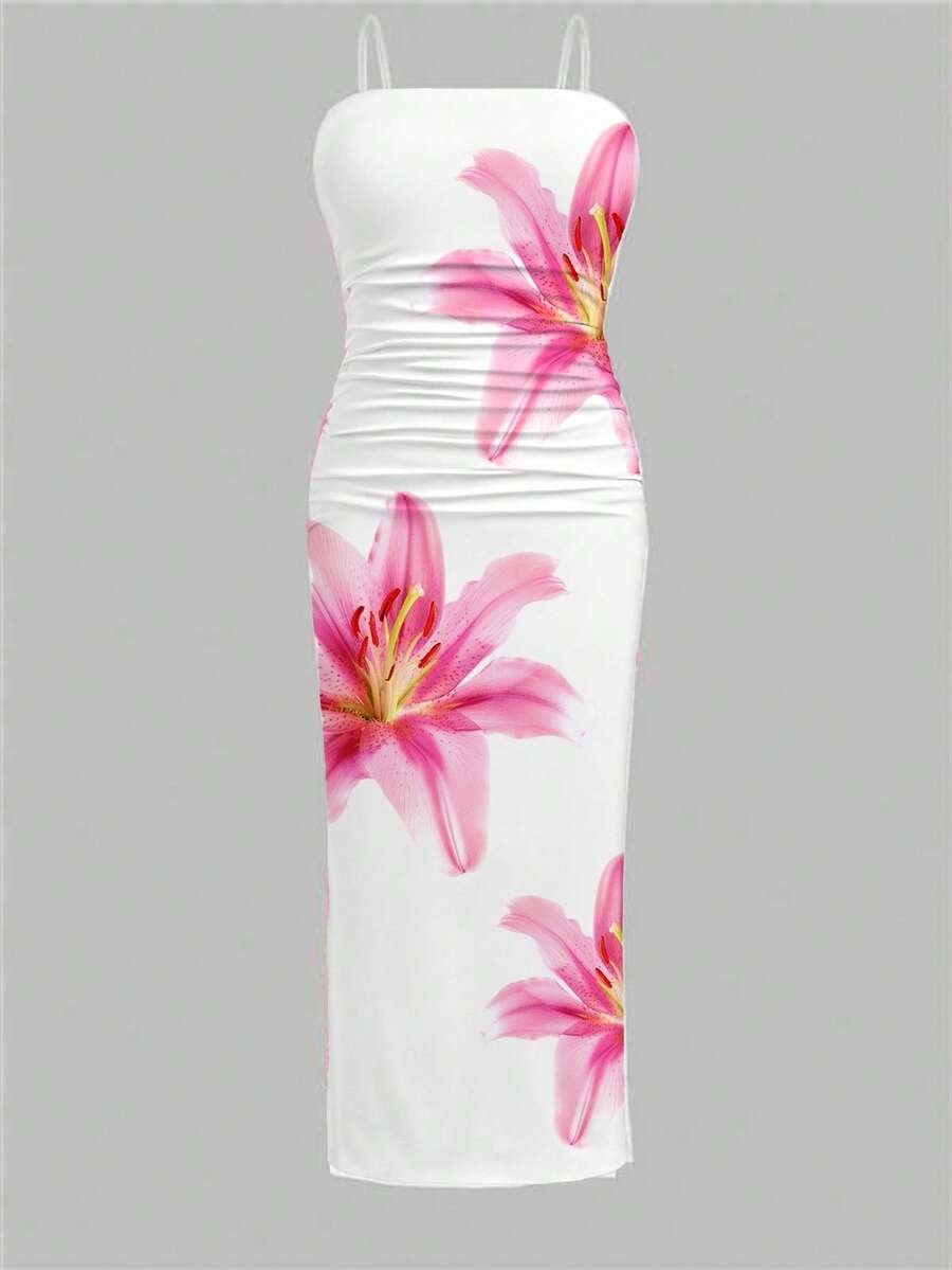 Tween girl sleeveless cami midi dress with strapless neckline, plant pattern, slim fit, natural waist, and slit hem in a multicolor vacation style.