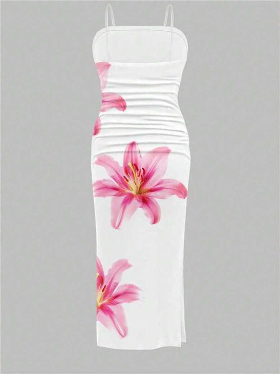 Tween girl sleeveless cami midi dress with strapless neckline, plant pattern, slim fit, natural waist, and slit hem in a multicolor vacation style.