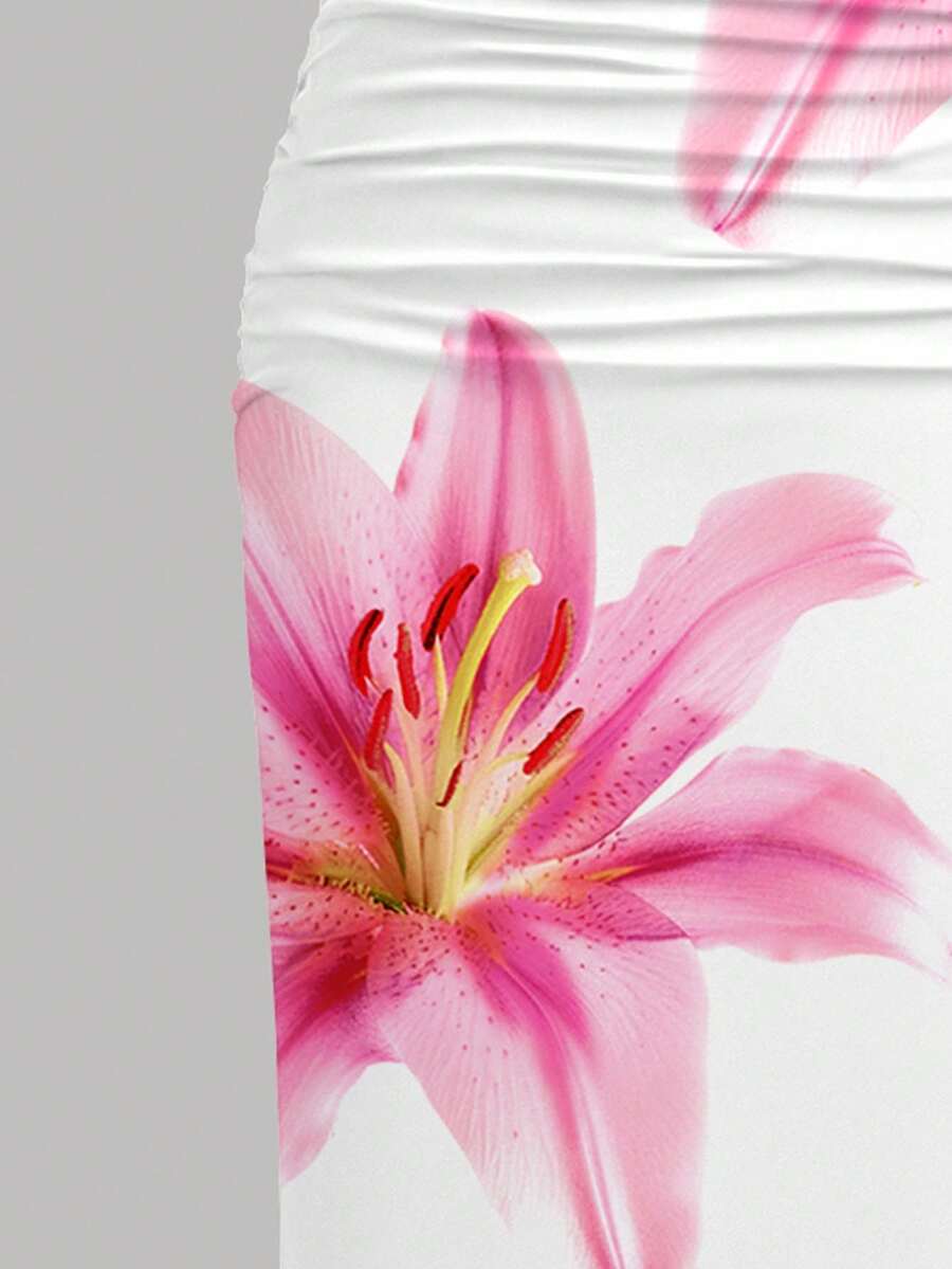Tween girl sleeveless cami midi dress with strapless neckline, plant pattern, slim fit, natural waist, and slit hem in a multicolor vacation style.