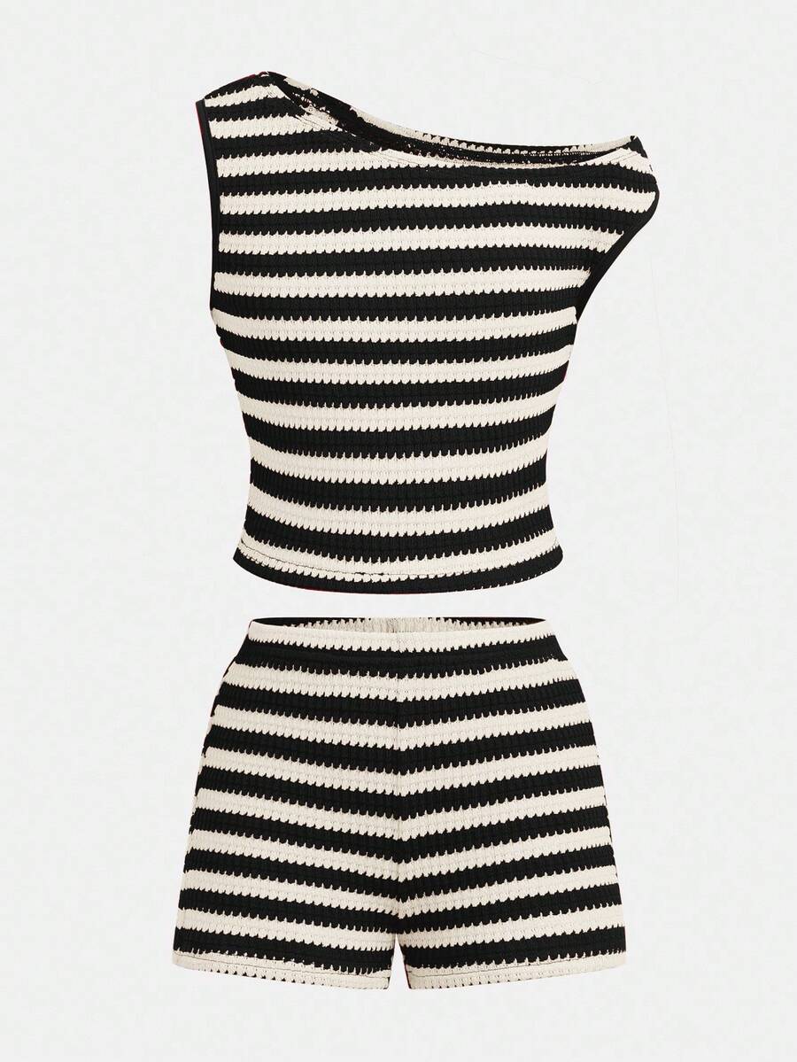 Tween girls 2-piece summer clothing set featuring a black asymmetric rib-knit striped off-shoulder t-shirt and matching slim fit shorts.