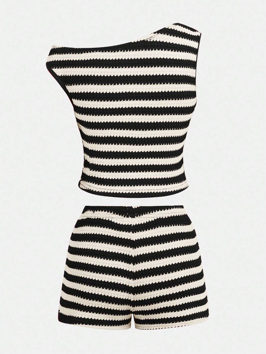 Tween girls 2-piece summer clothing set featuring a black asymmetric rib-knit striped off-shoulder t-shirt and matching slim fit shorts.