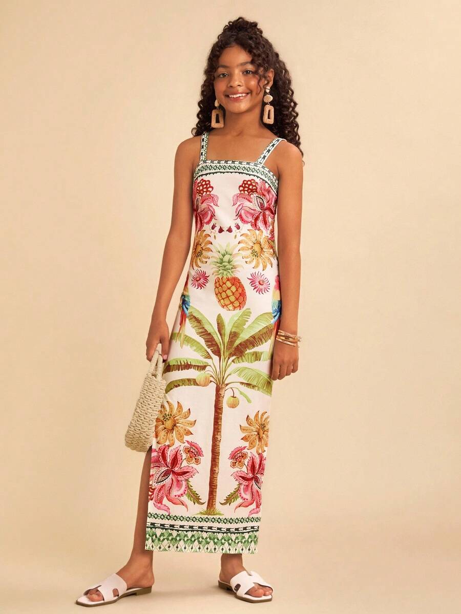 Tween girls' multicolor fruit print cami dress with spaghetti straps, sleeveless slim fit, split detail, natural waist, and long straight hem for vacation wear.