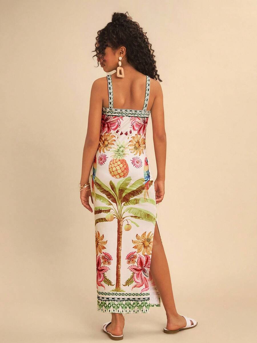 Tween girls' multicolor fruit print cami dress with spaghetti straps, sleeveless slim fit, split detail, natural waist, and long straight hem for vacation wear.