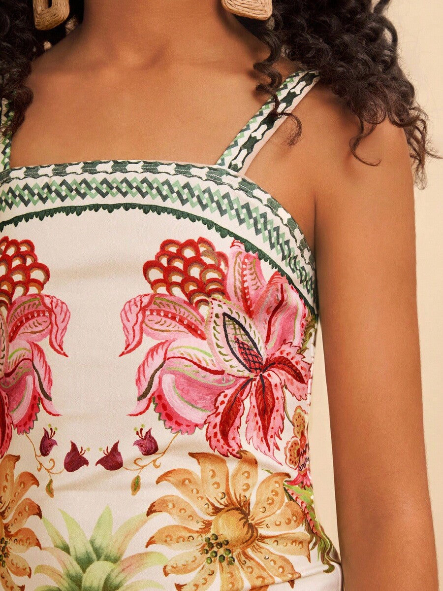 Tween girls' multicolor fruit print cami dress with spaghetti straps, sleeveless slim fit, split detail, natural waist, and long straight hem for vacation wear.