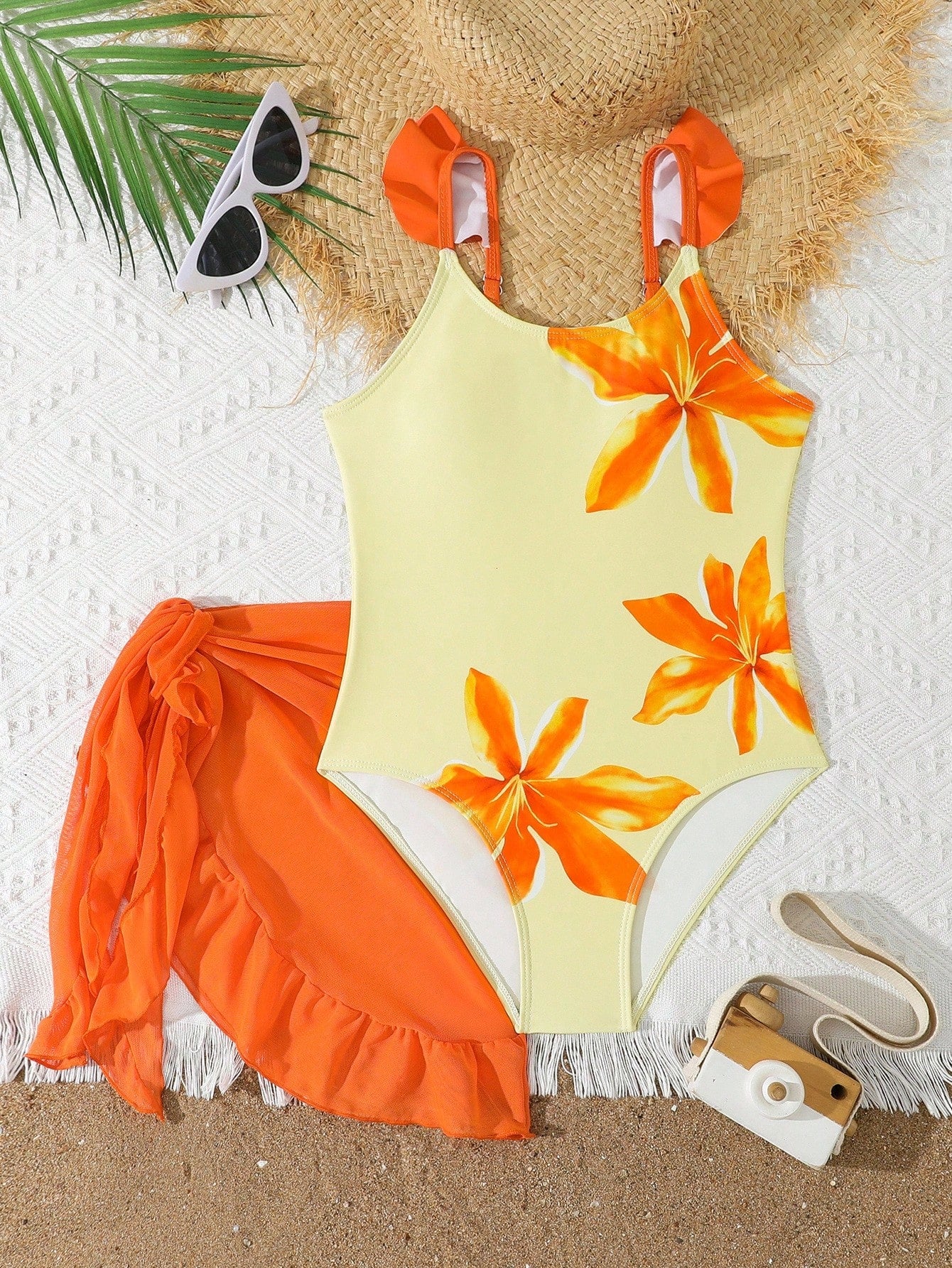 Tween Girls Floral Print One-Piece Swimsuit With Tie-Front Skirt Hibiscus Swimsuit Girls Black With Pink Flower Swimsuit Tween Hawaiian Outfit Black One Piece Bathing Suit With Skirt
