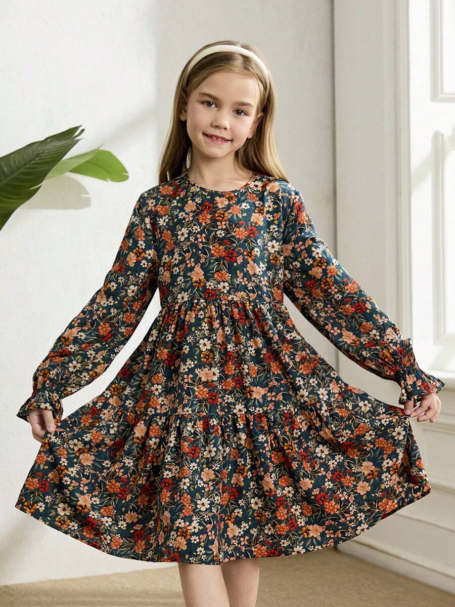 Multicolor floral print A-line dress for tween girls featuring a round neck, long flare sleeves, high waist, and flounce ruffle hem.