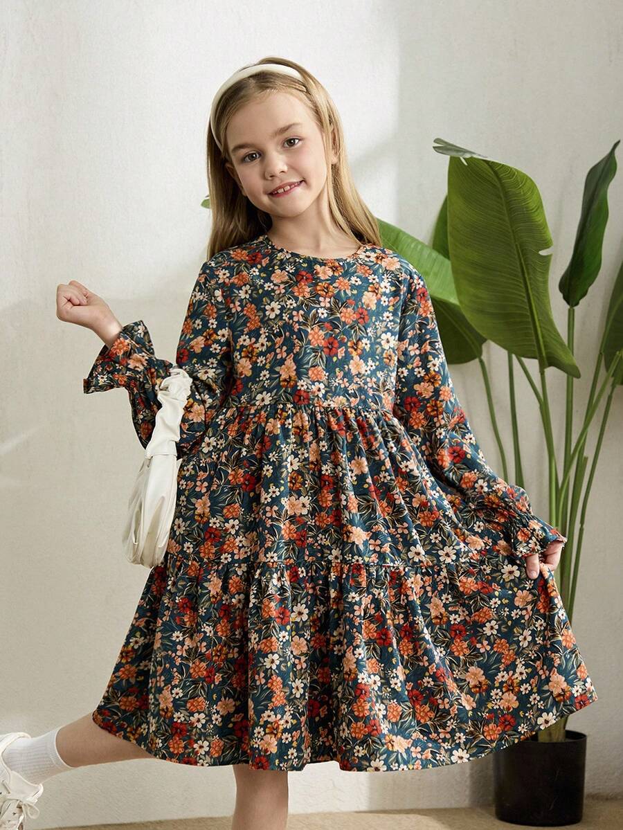 Multicolor floral print A-line dress for tween girls featuring a round neck, long flare sleeves, high waist, and flounce ruffle hem.