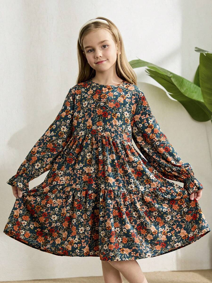 Multicolor floral print A-line dress for tween girls featuring a round neck, long flare sleeves, high waist, and flounce ruffle hem.