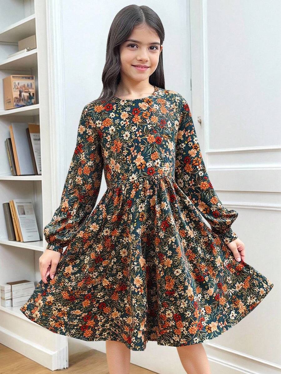 Multicolor floral print A-line dress for tween girls featuring a round neck, long flare sleeves, high waist, and flounce ruffle hem.