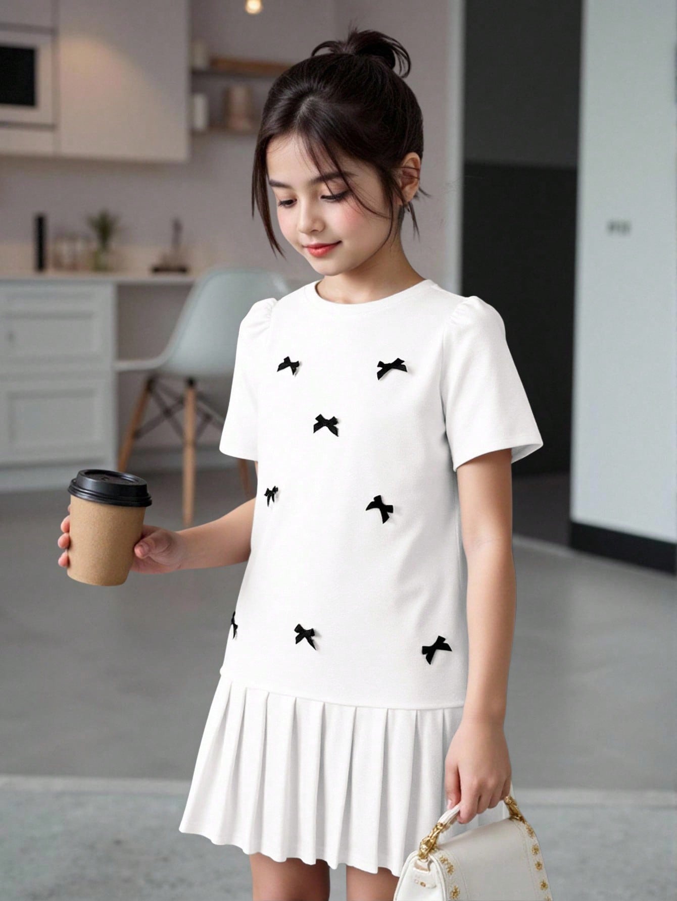 Tween girls apricot short-sleeve pleated smock dress with 3D bow decor and round neckline.