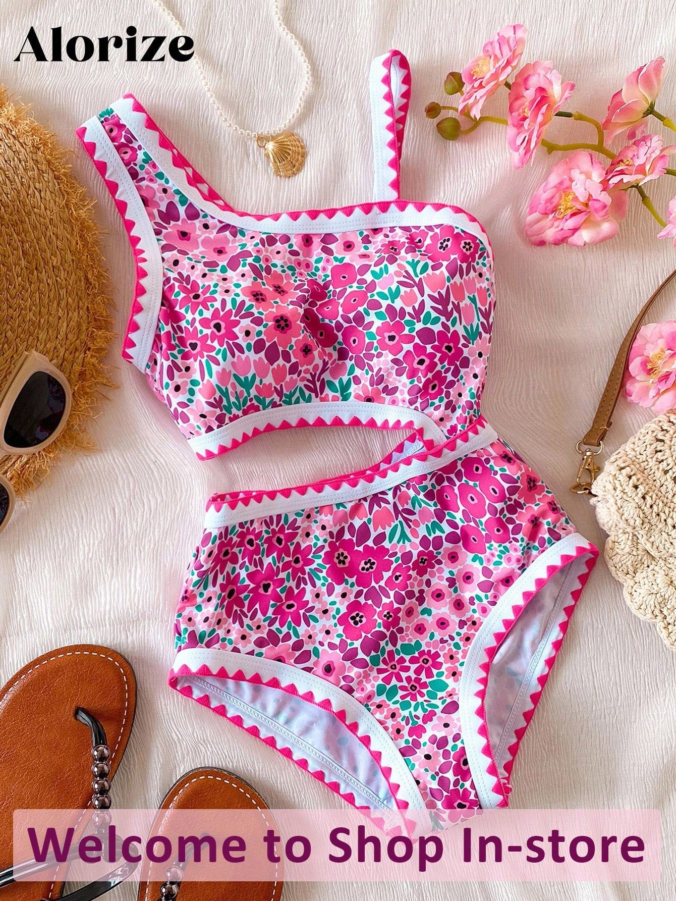 Tween girls one-piece swimsuit featuring an asymmetric neckline, pendant decor, plain design, wireless bra, high-cut bottom, and medium-stretch fabric.