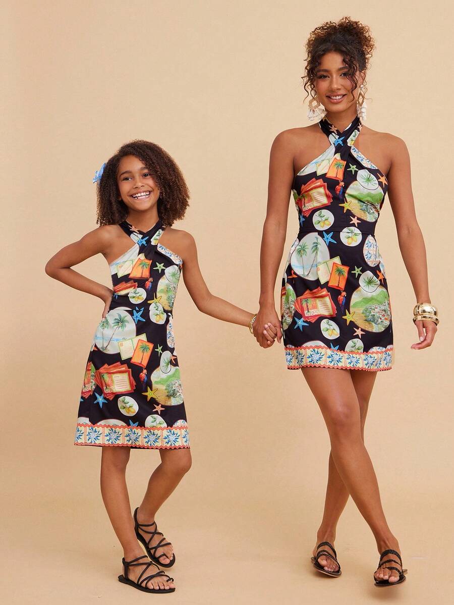Green tween girls sleeveless halter A-line dress with all-over print, high waist, zipper detail, and short slim fit for vacation and beach travel.