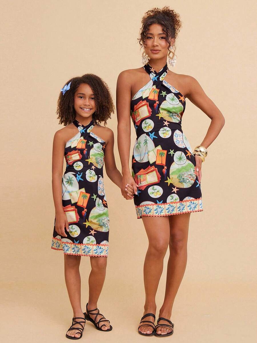 Green tween girls sleeveless halter A-line dress with all-over print, high waist, zipper detail, and short slim fit for vacation and beach travel.