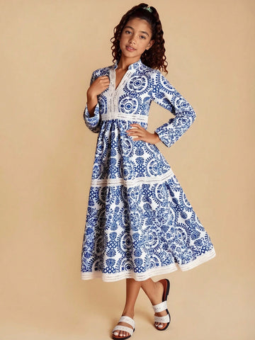Red floral long sleeve A-line vacation dress for tween girls with belted waist, contrast lace, notched neckline, and flared long hem