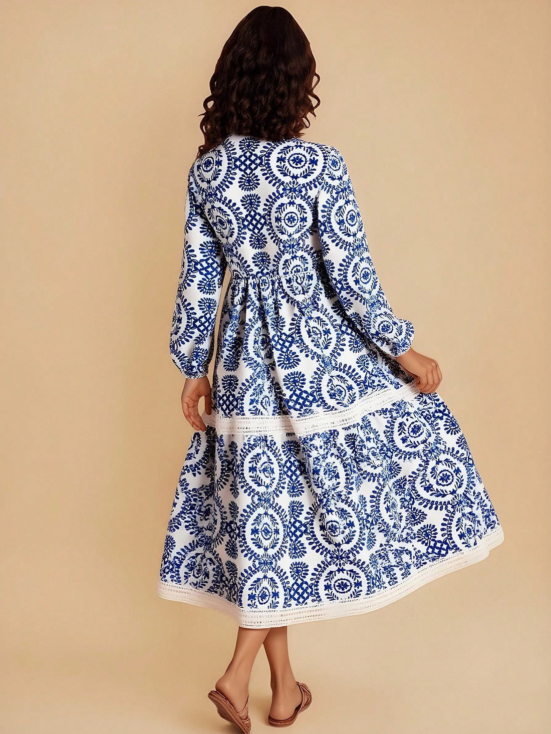 Red floral long sleeve A-line vacation dress for tween girls with belted waist, contrast lace, notched neckline, and flared long hem