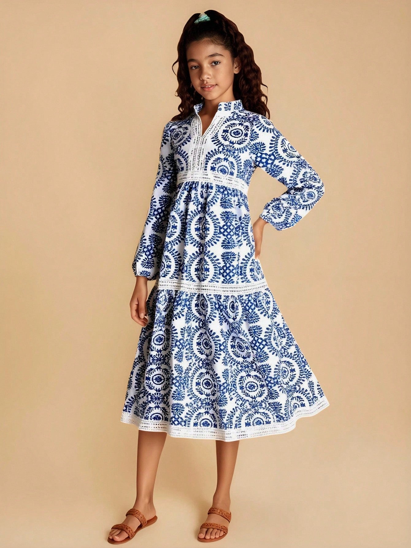 Red floral long sleeve A-line vacation dress for tween girls with belted waist, contrast lace, notched neckline, and flared long hem
