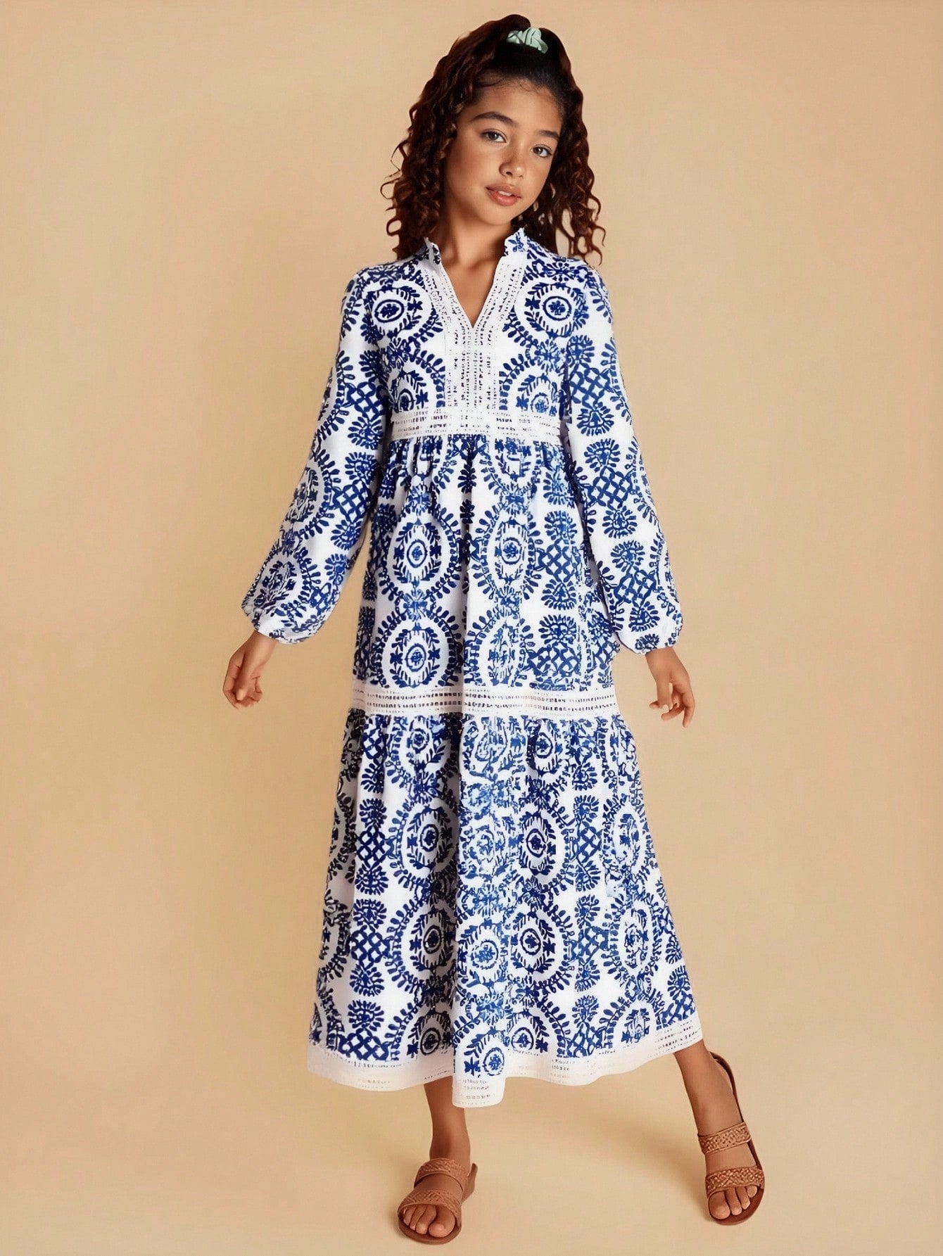 Red floral long sleeve A-line vacation dress for tween girls with belted waist, contrast lace, notched neckline, and flared long hem