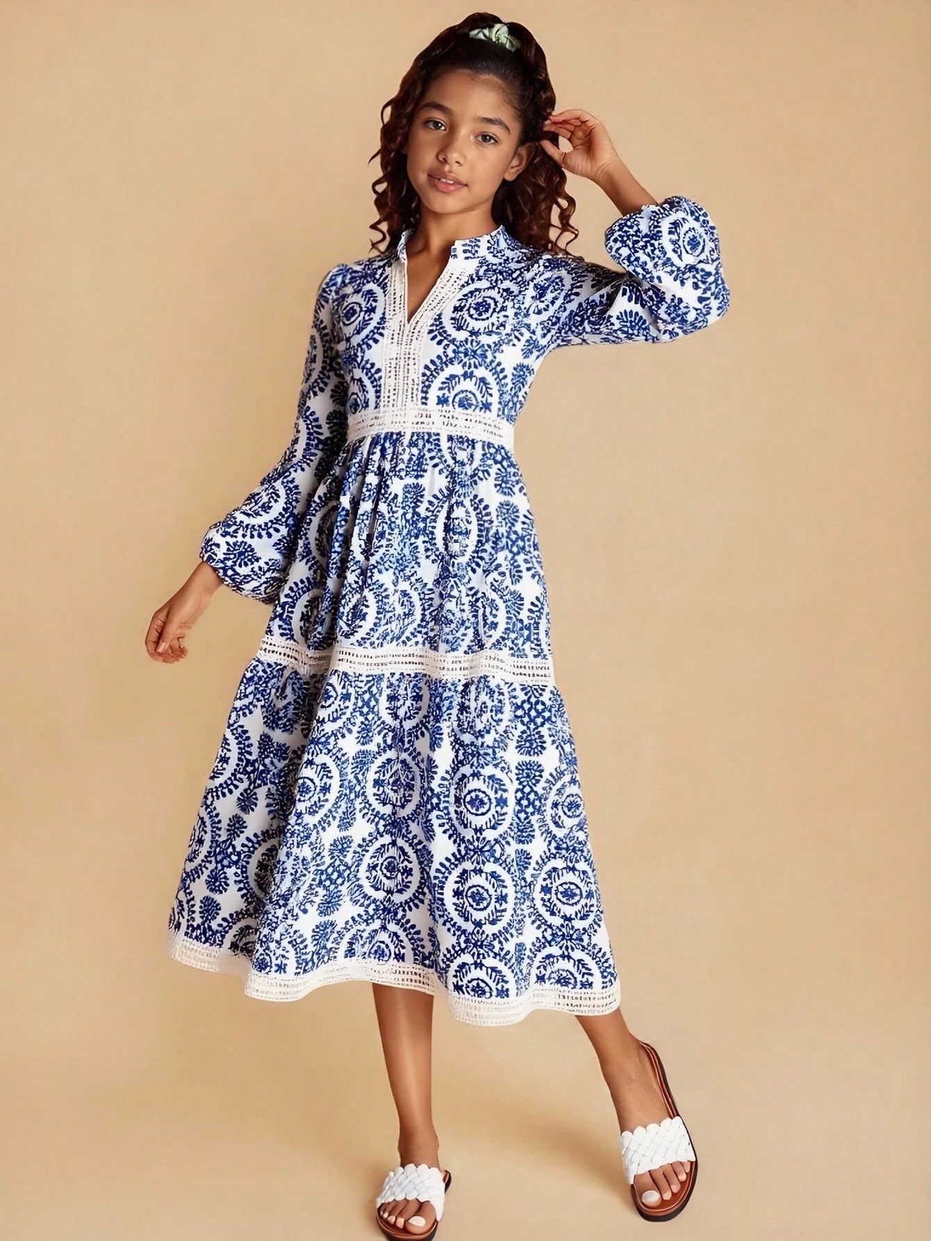 Red floral long sleeve A-line vacation dress for tween girls with belted waist, contrast lace, notched neckline, and flared long hem