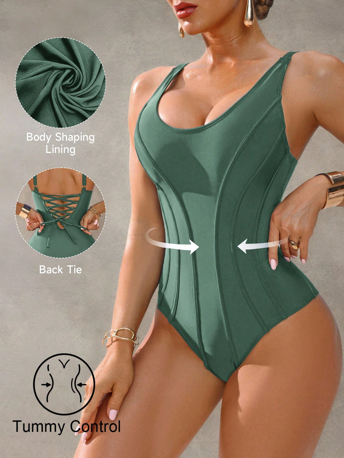 Shapewave women's army green tummy control push-up one-piece swimsuit featuring a scoop neck, criss cross backless detail, and wireless bra support.