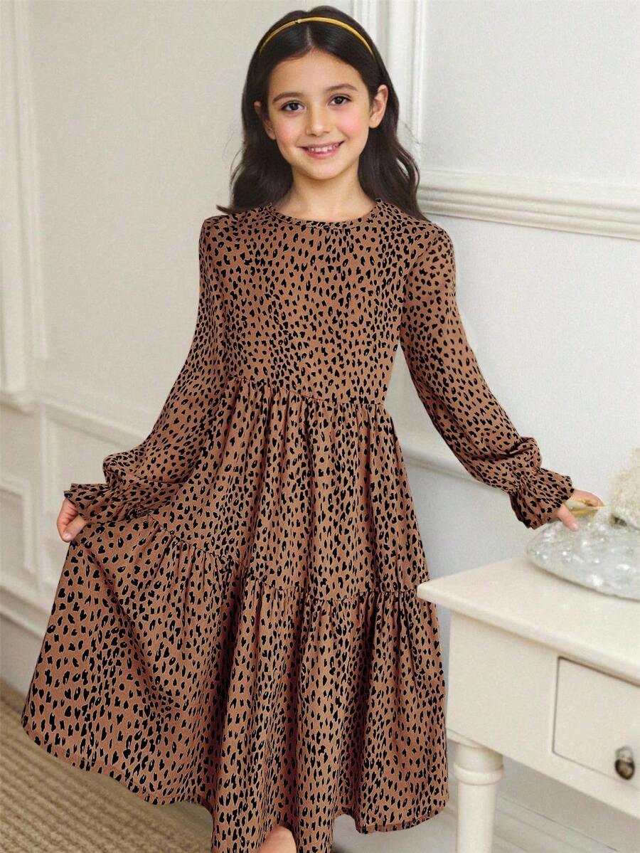 Multicolor floral print A-line dress for tween girls featuring a round neck, long flare sleeves, high waist, and flounce ruffle hem.