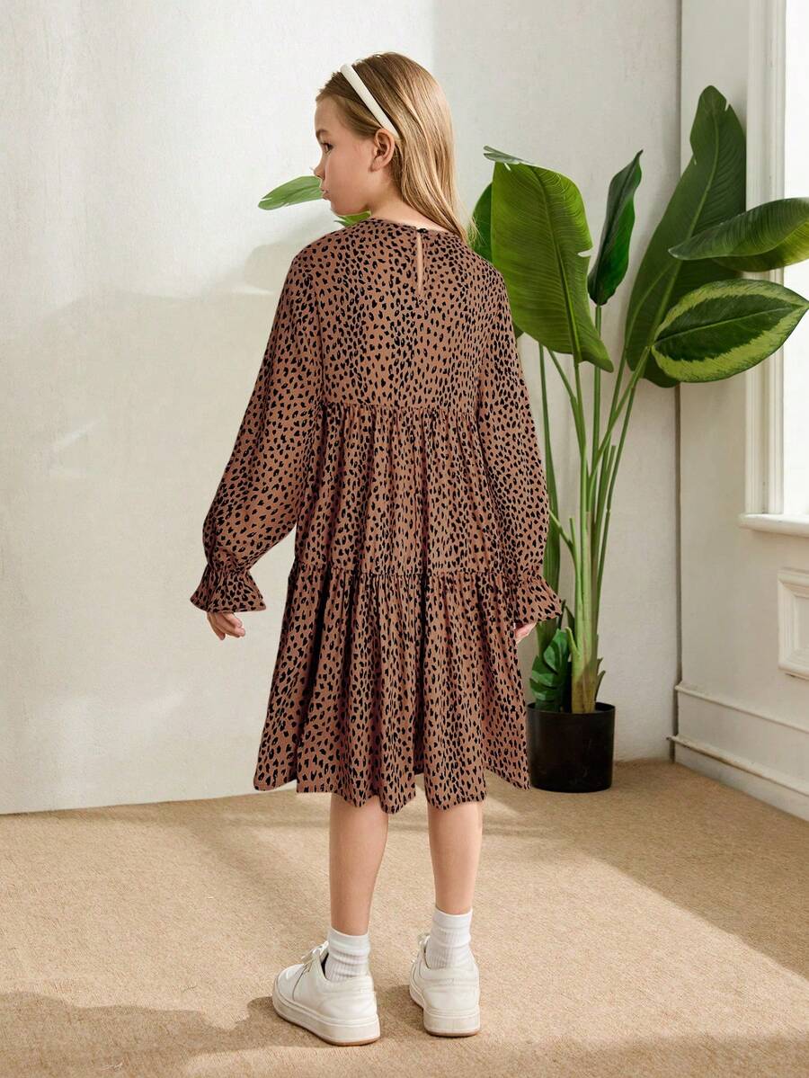 Multicolor floral print A-line dress for tween girls featuring a round neck, long flare sleeves, high waist, and flounce ruffle hem.