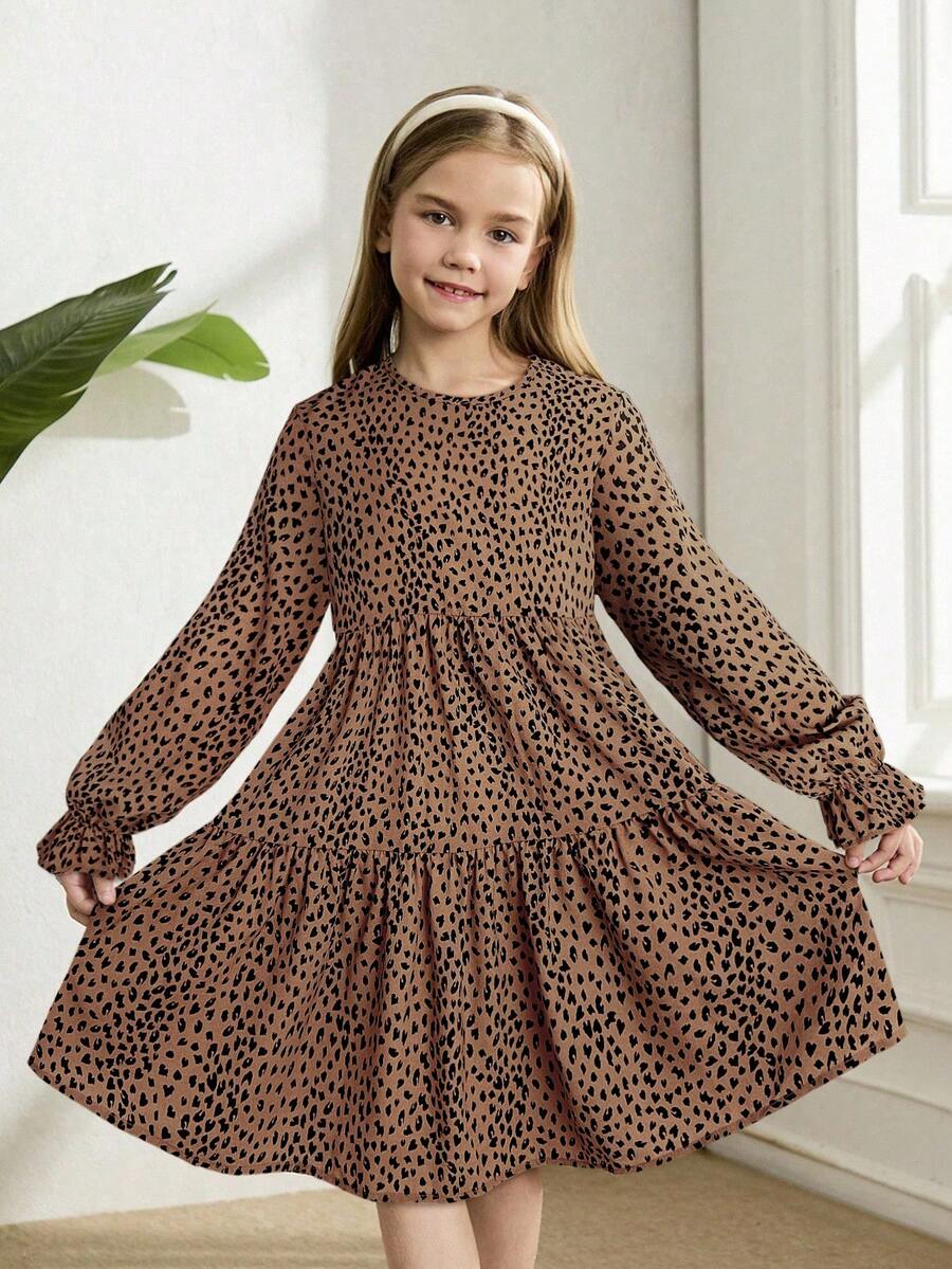 Multicolor floral print A-line dress for tween girls featuring a round neck, long flare sleeves, high waist, and flounce ruffle hem.
