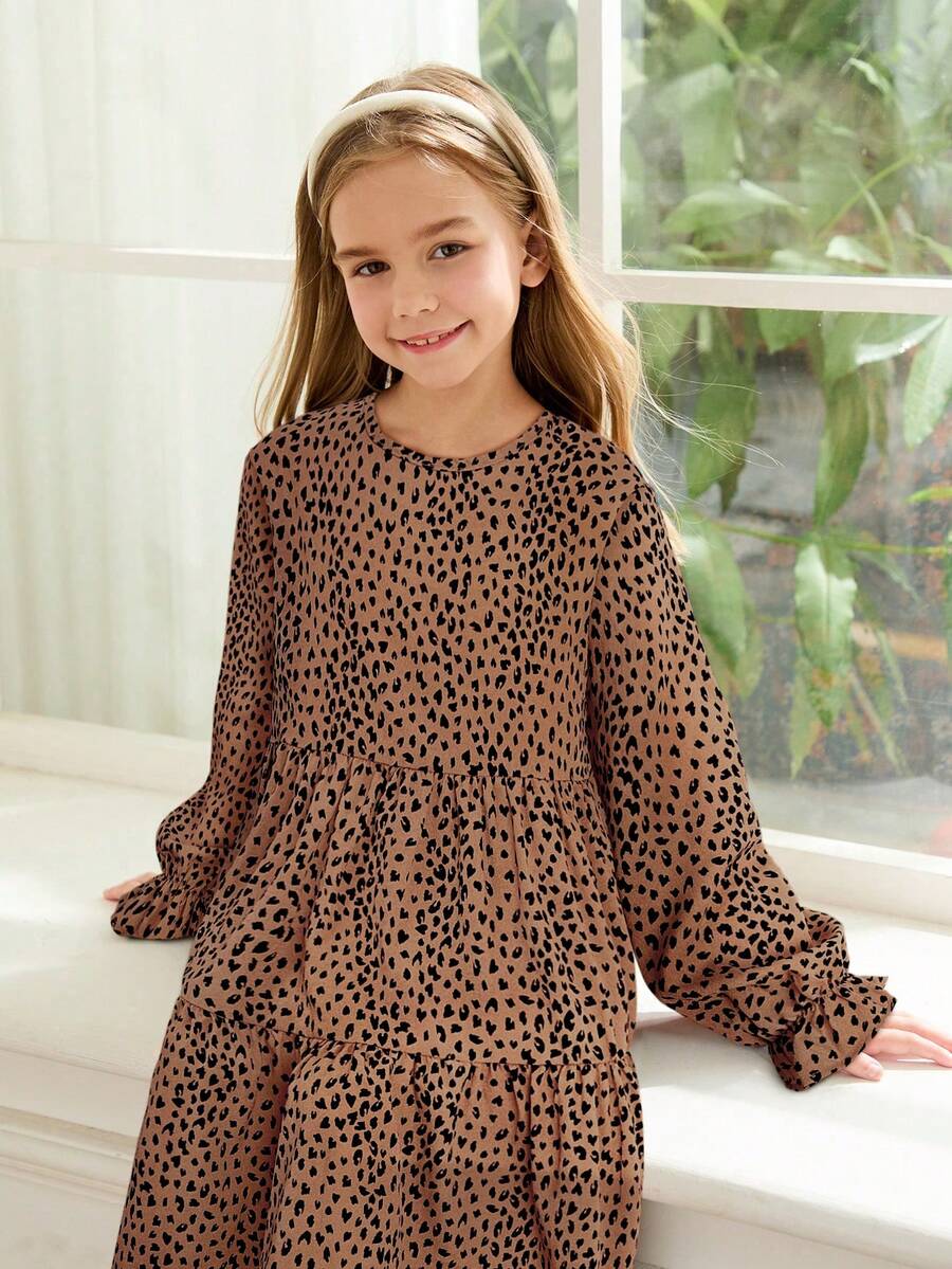 Multicolor floral print A-line dress for tween girls featuring a round neck, long flare sleeves, high waist, and flounce ruffle hem.