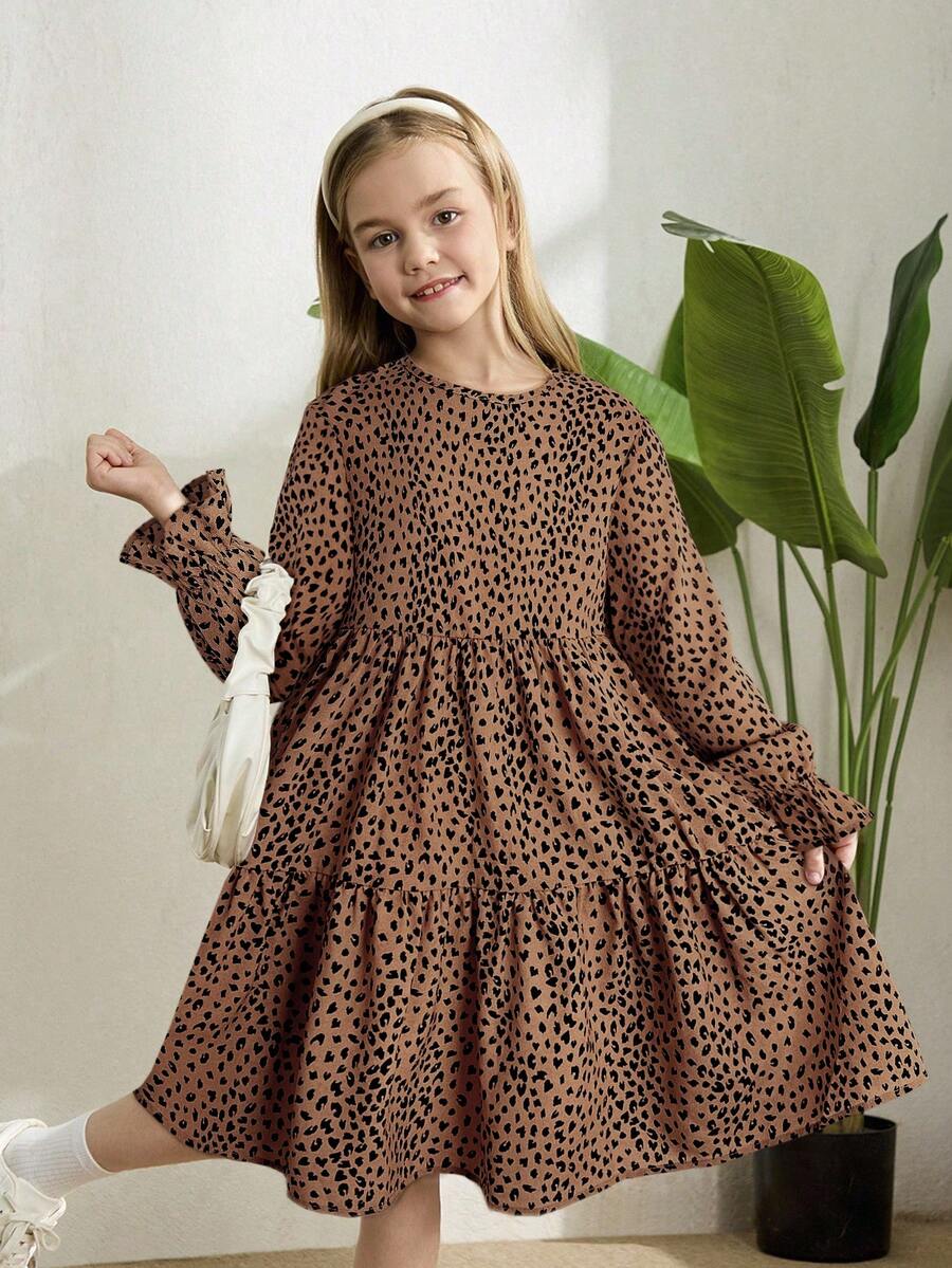 Multicolor floral print A-line dress for tween girls featuring a round neck, long flare sleeves, high waist, and flounce ruffle hem.