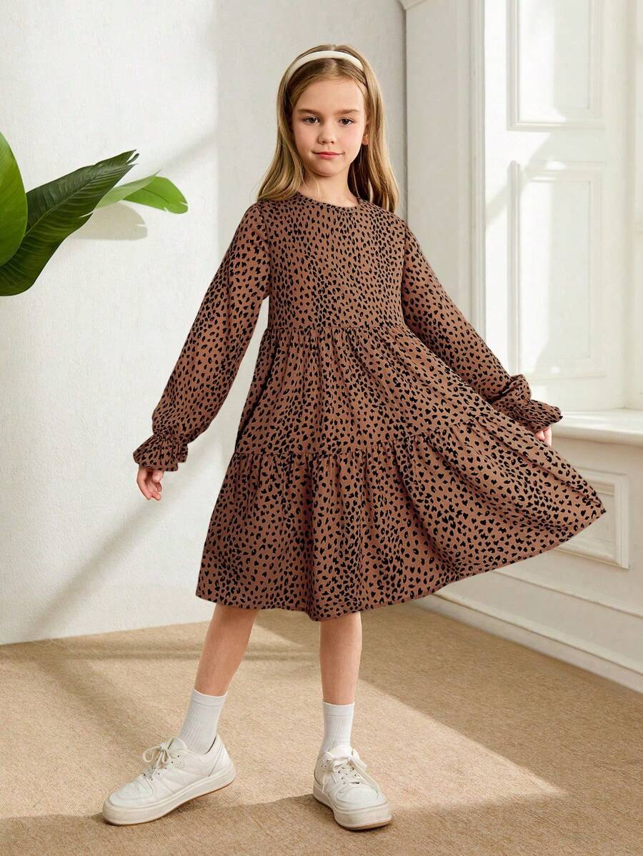 Multicolor floral print A-line dress for tween girls featuring a round neck, long flare sleeves, high waist, and flounce ruffle hem.