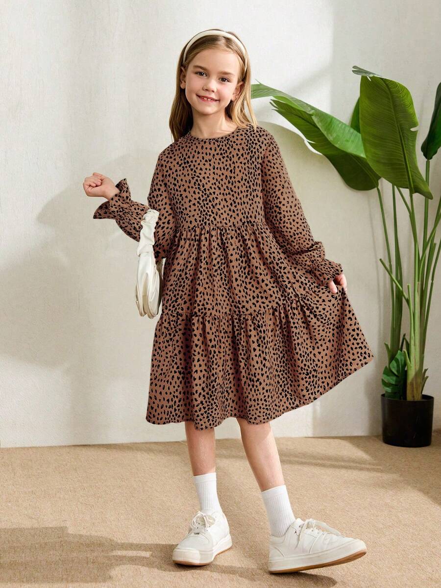 Multicolor floral print A-line dress for tween girls featuring a round neck, long flare sleeves, high waist, and flounce ruffle hem.