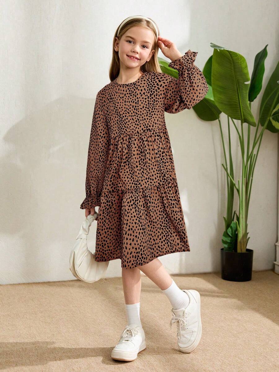 Multicolor floral print A-line dress for tween girls featuring a round neck, long flare sleeves, high waist, and flounce ruffle hem.