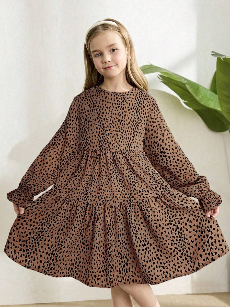 Multicolor floral print A-line dress for tween girls featuring a round neck, long flare sleeves, high waist, and flounce ruffle hem.