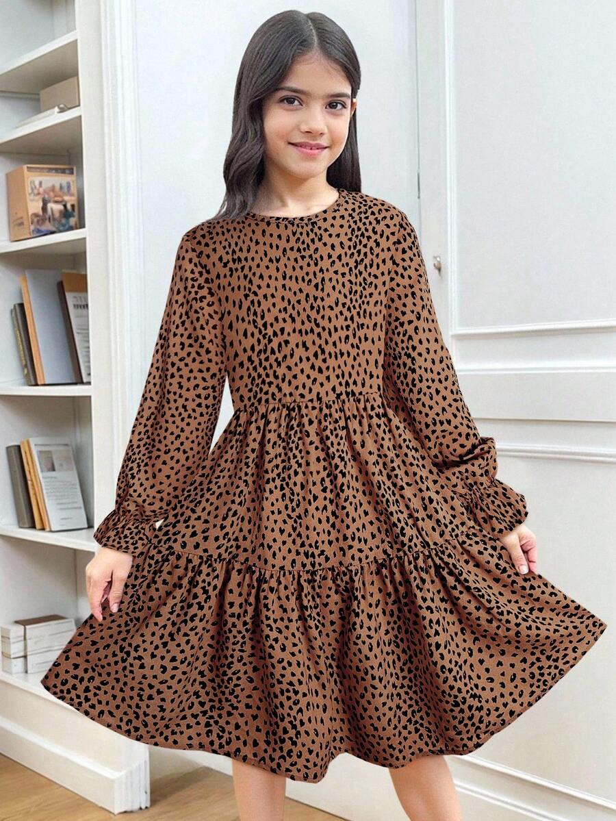 Multicolor floral print A-line dress for tween girls featuring a round neck, long flare sleeves, high waist, and flounce ruffle hem.