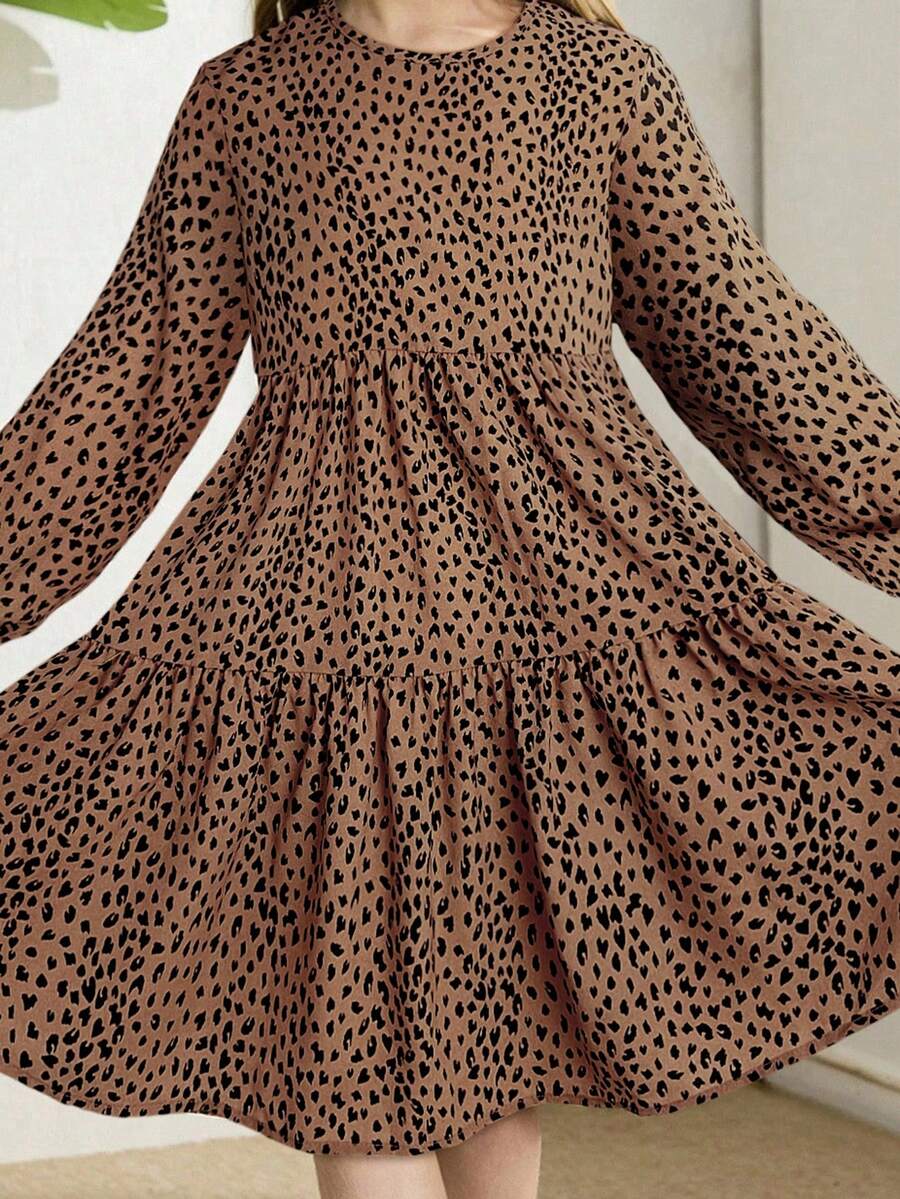 Multicolor floral print A-line dress for tween girls featuring a round neck, long flare sleeves, high waist, and flounce ruffle hem.