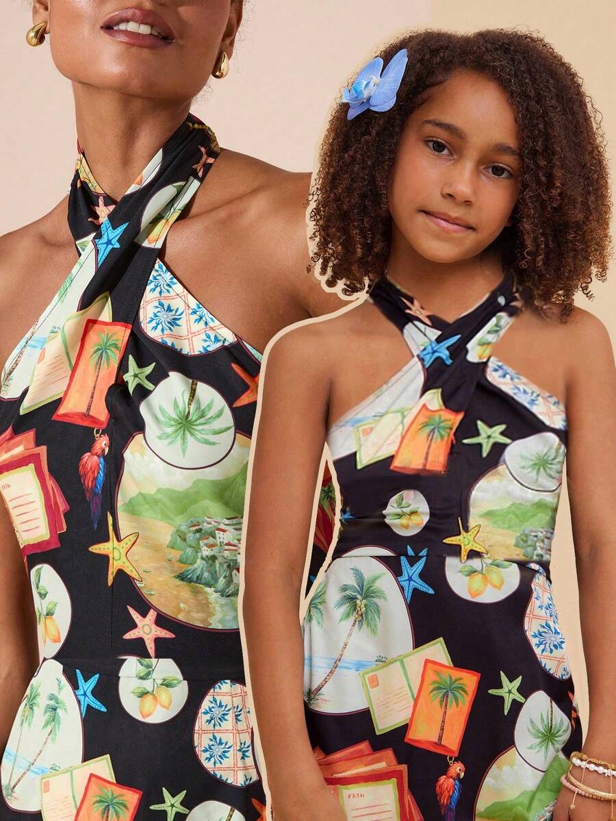 Green tween girls sleeveless halter A-line dress with all-over print, high waist, zipper detail, and short slim fit for vacation and beach travel.