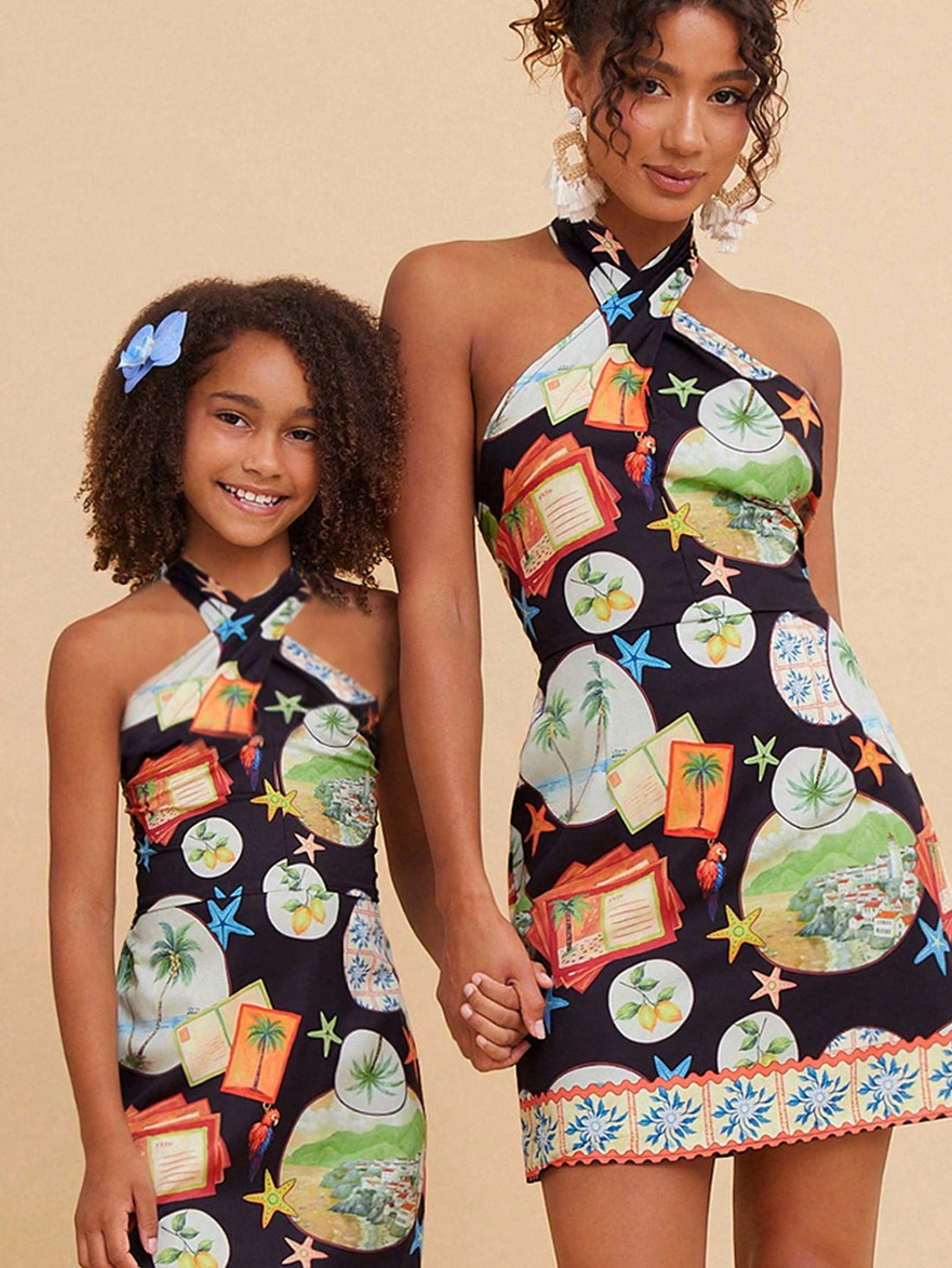 Green tween girls sleeveless halter A-line dress with all-over print, high waist, zipper detail, and short slim fit for vacation and beach travel.
