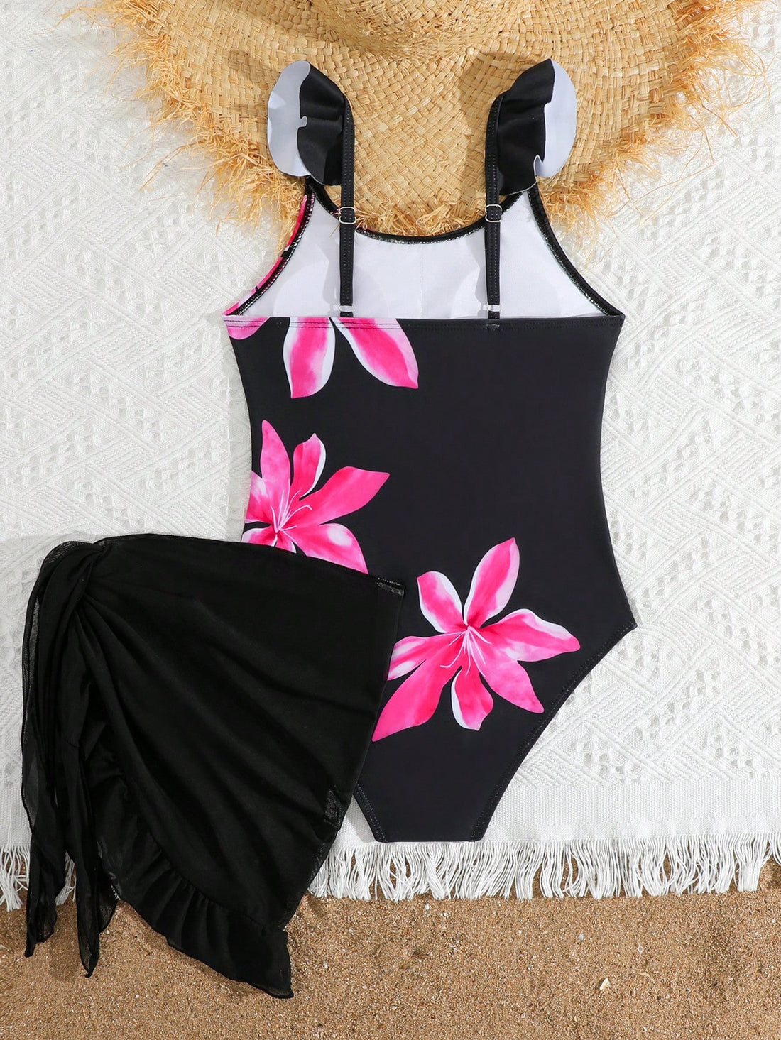 Tween Girls Floral Print One-Piece Swimsuit With Tie-Front Skirt Hibiscus Swimsuit Girls Black With Pink Flower Swimsuit Tween Hawaiian Outfit Black One Piece Bathing Suit With Skirt