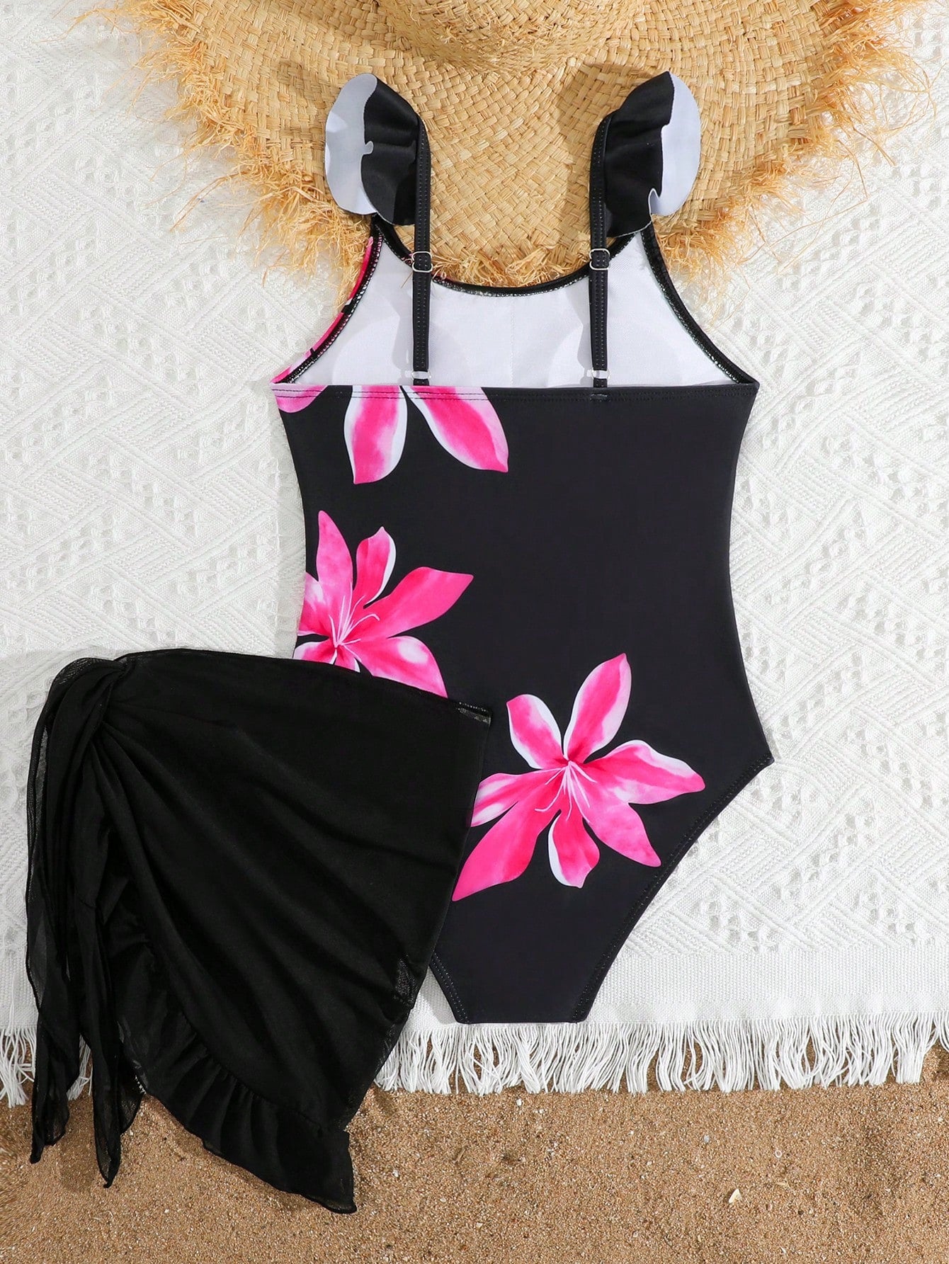 Tween Girls Floral Print One-Piece Swimsuit With Tie-Front Skirt Hibiscus Swimsuit Girls Black With Pink Flower Swimsuit Tween Hawaiian Outfit Black One Piece Bathing Suit With Skirt