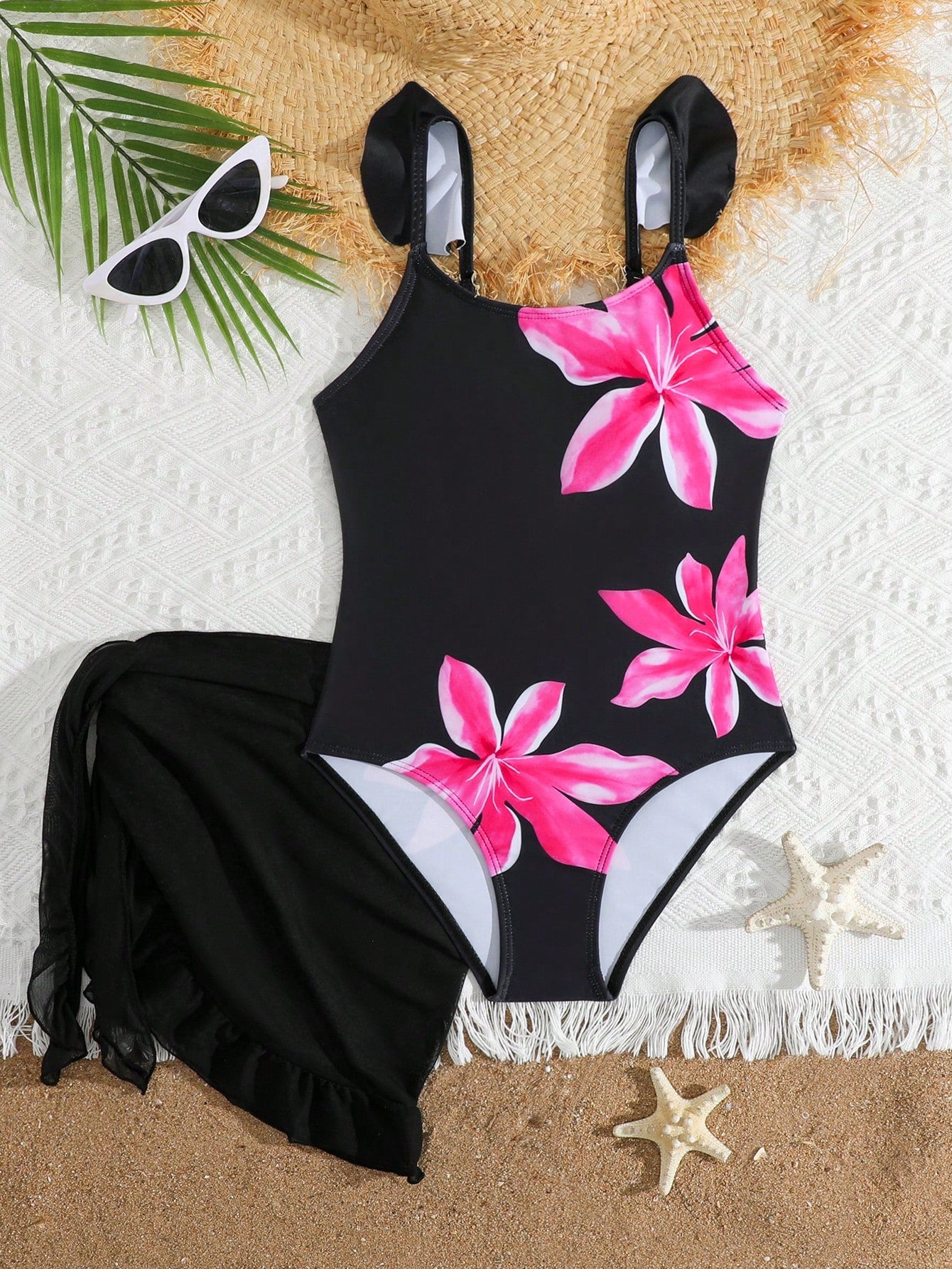 Tween Girls Floral Print One-Piece Swimsuit With Tie-Front Skirt Hibiscus Swimsuit Girls Black With Pink Flower Swimsuit Tween Hawaiian Outfit Black One Piece Bathing Suit With Skirt