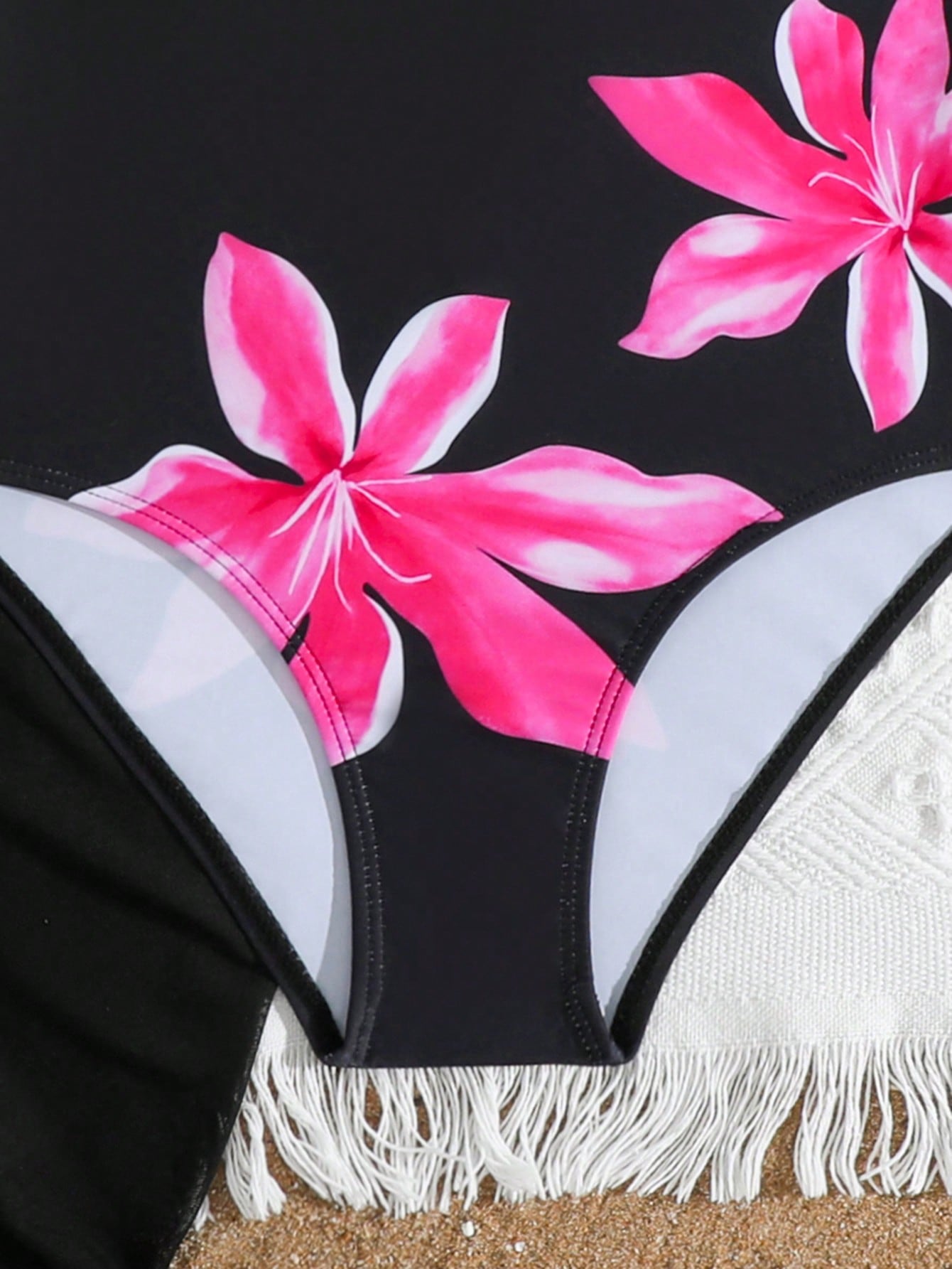 Tween Girls Floral Print One-Piece Swimsuit With Tie-Front Skirt Hibiscus Swimsuit Girls Black With Pink Flower Swimsuit Tween Hawaiian Outfit Black One Piece Bathing Suit With Skirt