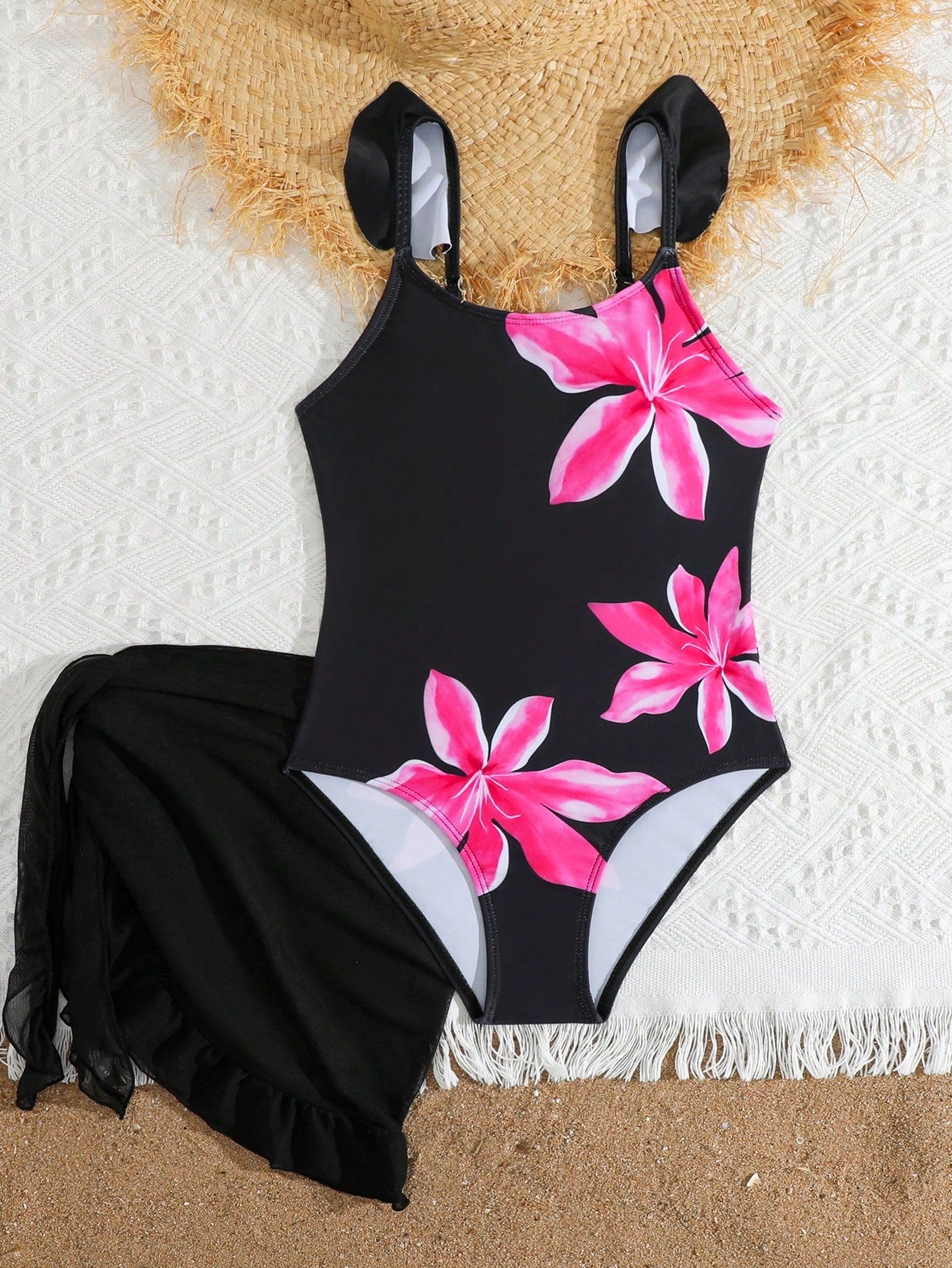 Tween Girls Floral Print One-Piece Swimsuit With Tie-Front Skirt Hibiscus Swimsuit Girls Black With Pink Flower Swimsuit Tween Hawaiian Outfit Black One Piece Bathing Suit With Skirt