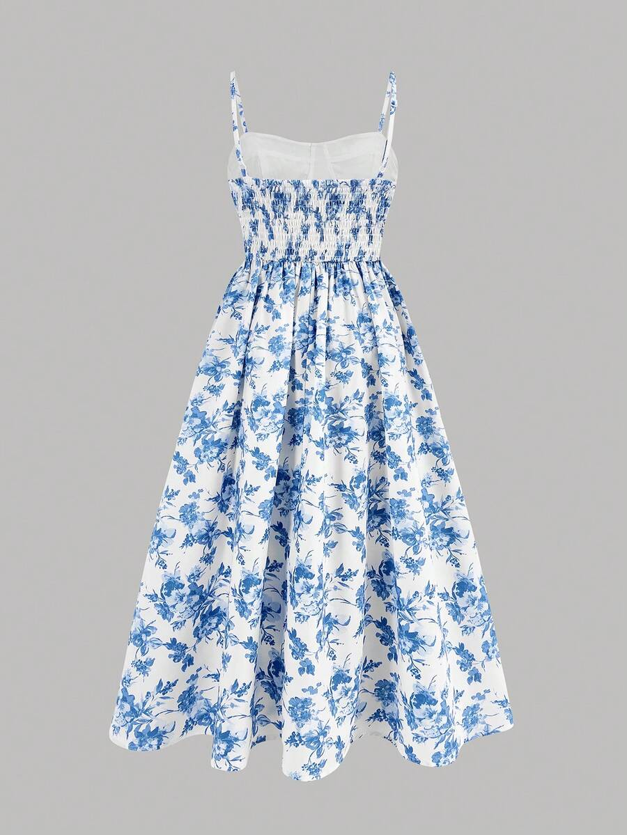 Tween girls apricot polka dot long cami dress with shoulder straps, high waist, and flared A-line skirt.